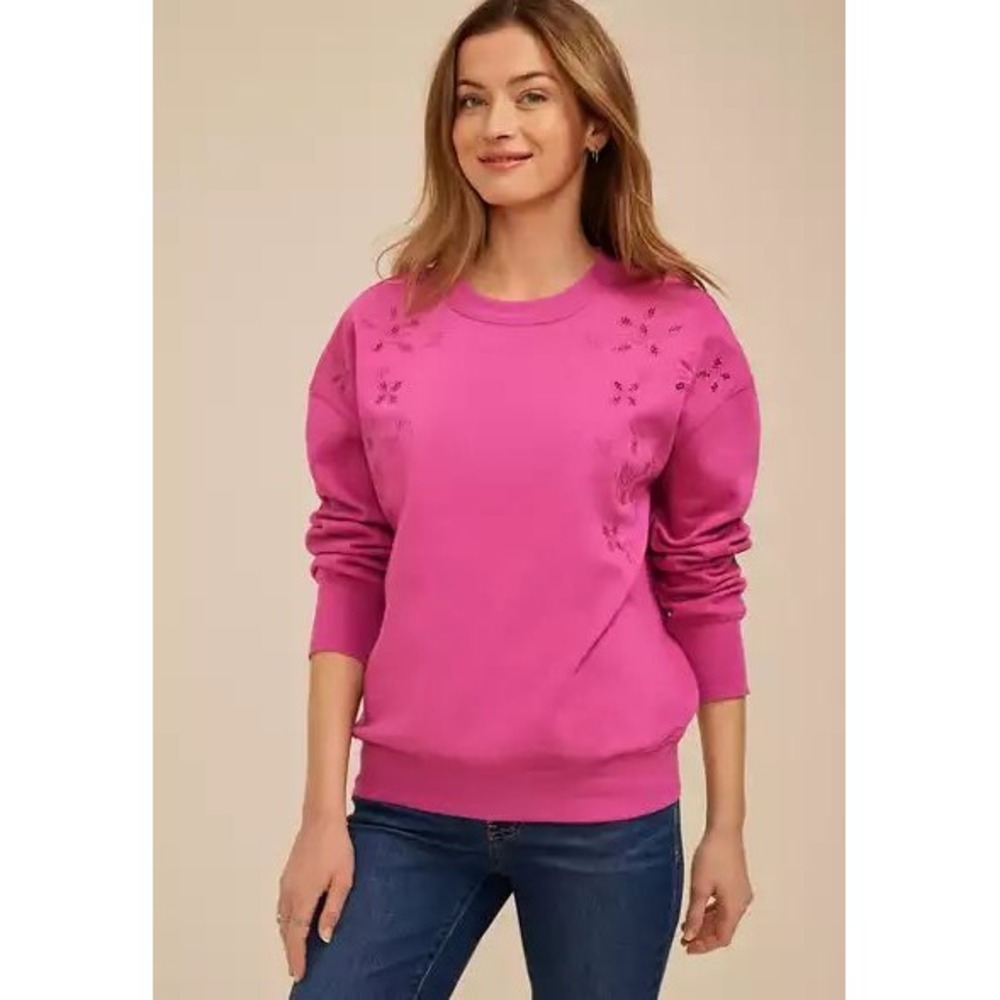 Maurices Sweatshirt 0X Pink Eyelet Floral Embroidered Boho Western Cottagecore